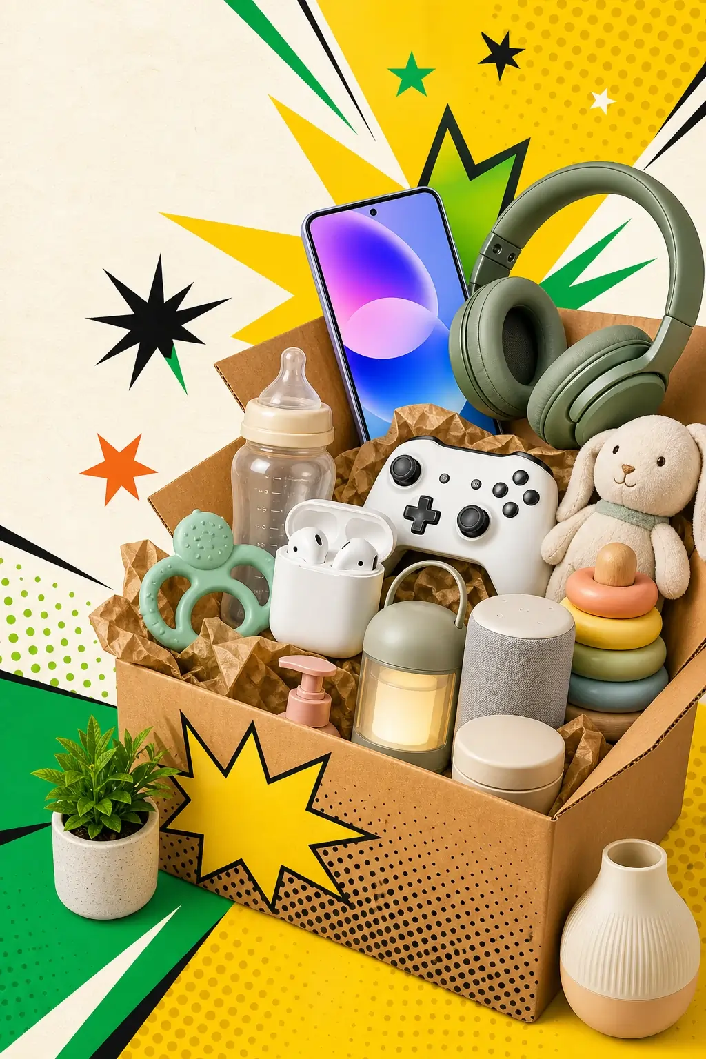 A shipping box packed with a phone, headphones, a game controller, baby items, and home goods