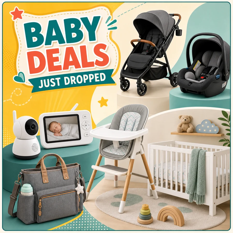 Baby Deals collage with stroller, car seat, baby monitor, high chair, diaper bag, and in-image Just Dropped callout