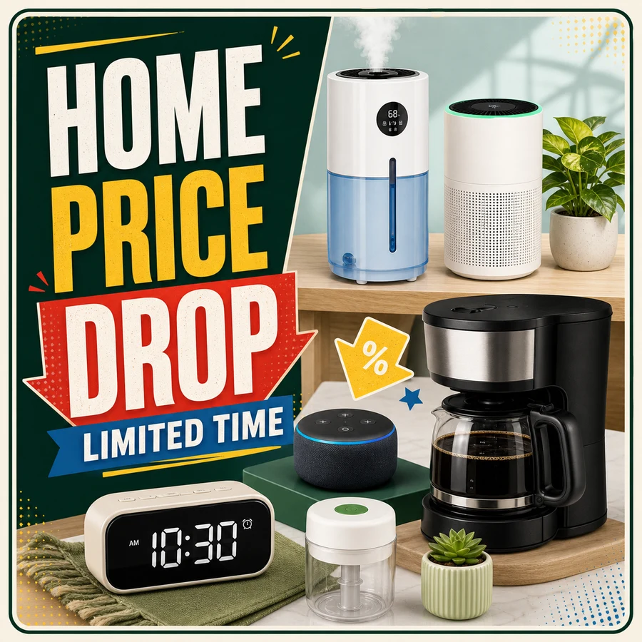 Home Price Drop collage with humidifier, air purifier, alarm clock, coffee maker, smart speaker, and in-image Limited Time callout