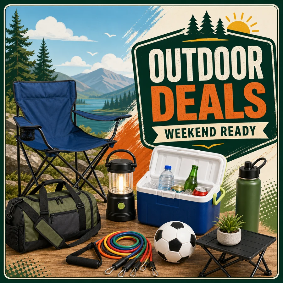 Outdoor Deals collage with camping chair, cooler, lantern, duffel bag, water bottle, and in-image Weekend Ready callout
