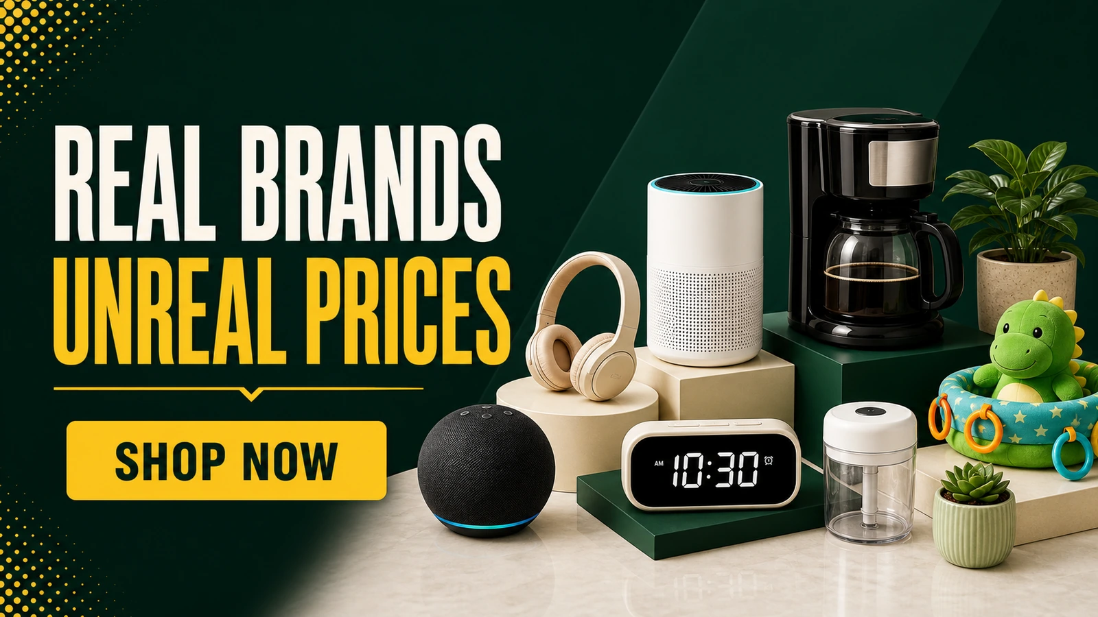 Real brands, unreal prices banner with mixed Deal Alley products and an in-image Shop Now callout