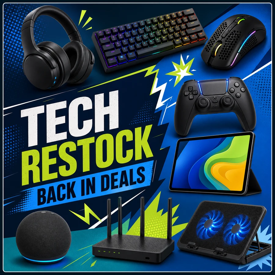 Tech Restock collage with headphones, keyboard, gaming mouse, controller, tablet, router, and in-image Back in Deals callout